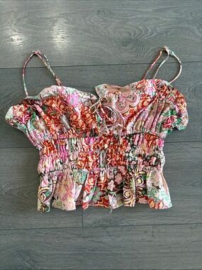 Floral Smocked Crop Top with Adjustable Straps - Pink Multi